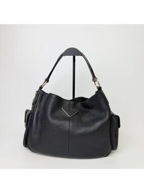 Prada Side Pocket Triangle Logo Leather Hobo Shoulder Bag Black Silver Vintage